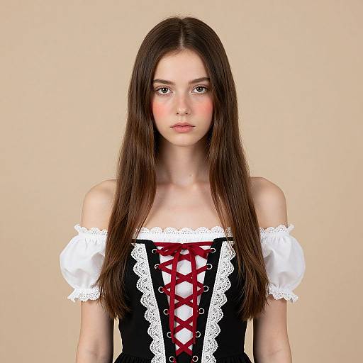 Photograph of a young woman with long brown hair, fair skin, wearing a black off-shoulder lace-up dress with white puffed sleeves and