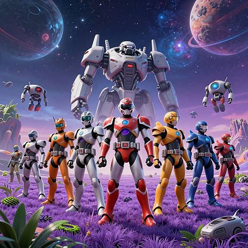 Digital artwork of colorful, futuristic robot soldiers standing in purple grass under a starry sky with planets, surrounded by flying robots.