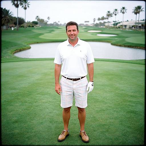 Photograph of a middle-aged man with short brown hair, wearing a white polo shirt, white plaid shorts, black belt, and brown shoes,