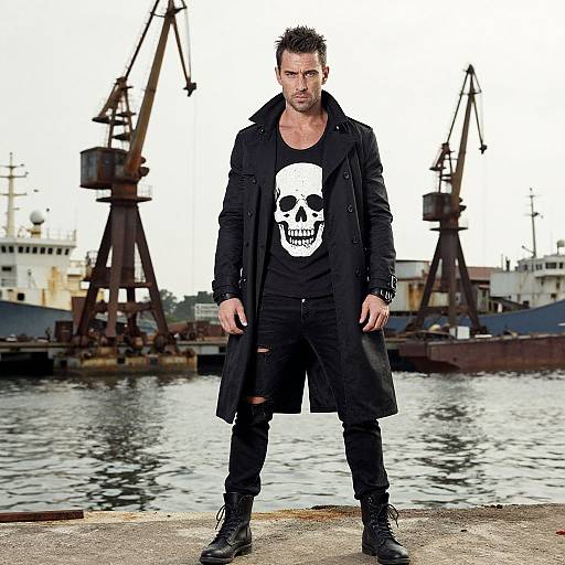Photograph of muscular man with spiked hair, black skull shirt, long coat, ripped jeans, and boots, standing in industrial dockyard.
