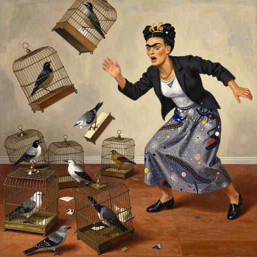 Photograph-style digital artwork of a startled woman in a black blazer and floral skirt, mid-leap, as birds escape from floating cages.