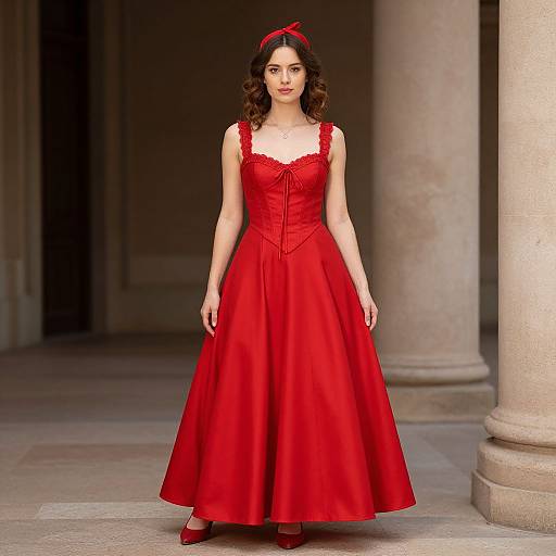 Photograph of a fair-skinned woman with curly brown hair, wearing a red, sleeveless ball gown with lace trim, red headband, and