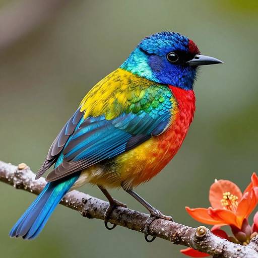 Photograph of a vibrant male Red-billed Leiothrix bird with bright blue head, yellow-green wings, red chest, and blue tail,