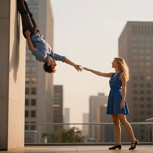 Man Hanging Upside Down Reaching for Woman in Blue Dress
