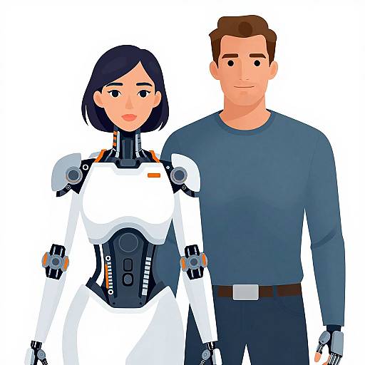 Digital illustration of a woman in a white, high-tech robotic suit standing beside a smiling man in a blue long-sleeve shirt.