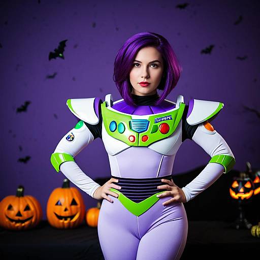 Woman in Buzz Lightyear Costume with Halloween Background