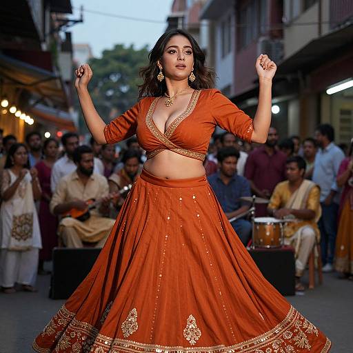 Photograph of a confident South Asian woman in an orange traditional lehenga choli, performing a dance on a street, surrounded by a cheering crowd.