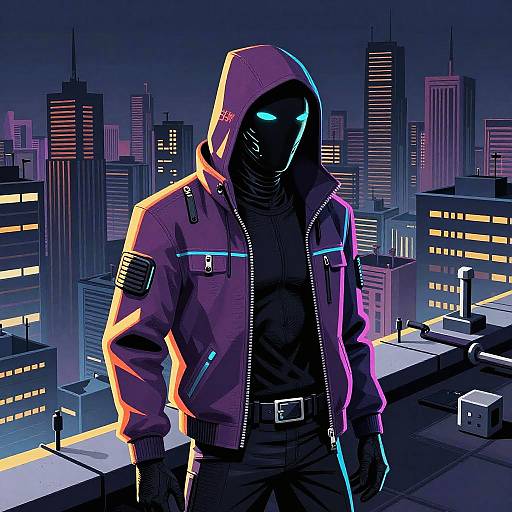 Digital art: Mysterious hooded figure with glowing blue eyes in a neon-lit cityscape, wearing a purple jacket with American flag patch, standing