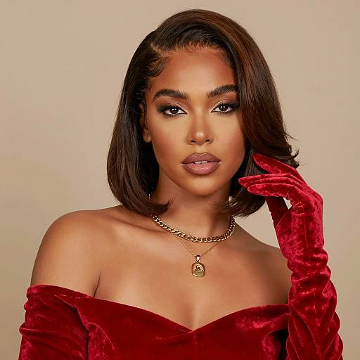 Elegant Woman in Red Velvet Dress and Gloves