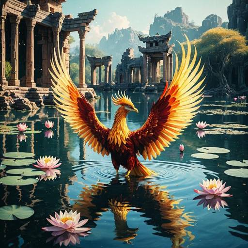 Majestic Phoenix Rising from Lake with Ancient Ruins