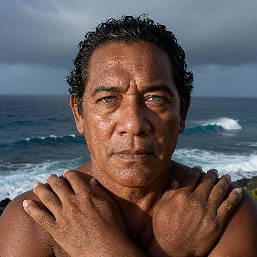 Photograph of a middle-aged, shirtless, dark-haired, tan-skinned man with a serious expression, standing by a stormy ocean, hands