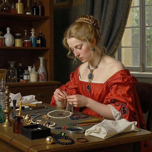 Renaissance-style painting of a blonde woman in a red dress, carefully arranging necklaces in a sunlit, wooden study.