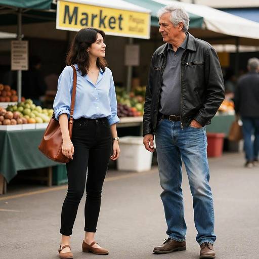 Photograph of a middle-aged couple standing at an outdoor market, talking; woman in blue shirt, black pants, brown bag; man in black jacket