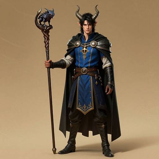 Photograph of a dark-haired, horned male demon warrior in blue and black armor, holding a ornate staff, standing against a beige background.