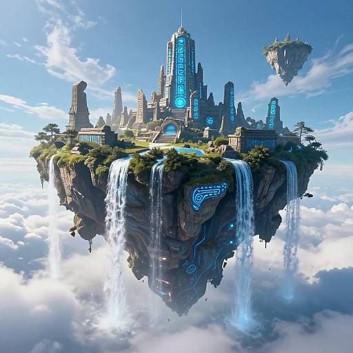 Fantasy CGI image of a floating, futuristic city with glowing blue lights, surrounded by waterfalls, floating islands, and cloudy sky.