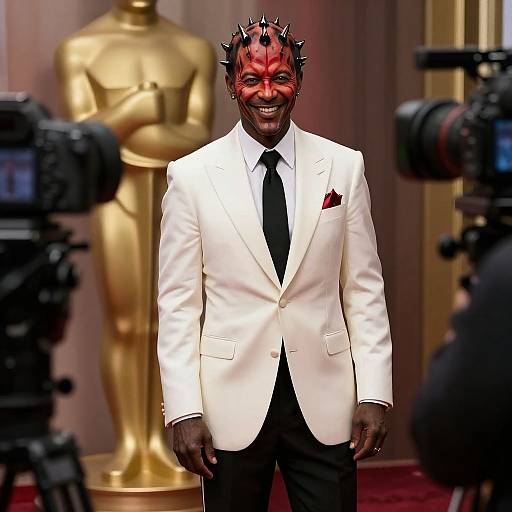 Photograph of a smiling Black man with red, spiked demon mask, wearing a white tuxedo, black tie, and red pocket square, in