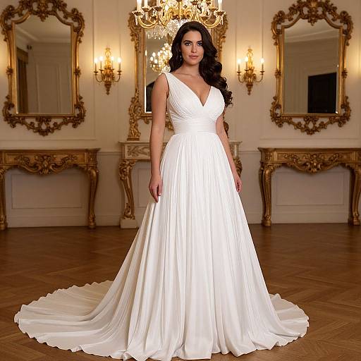 Photograph of a woman with long black hair in a white, sleeveless, V-neck, pleated wedding gown standing in an ornate, golden
