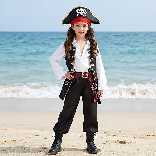 Photograph of a young Asian girl with long brown hair, wearing a pirate costume with a black tricorn hat, white shirt, black vest, pants