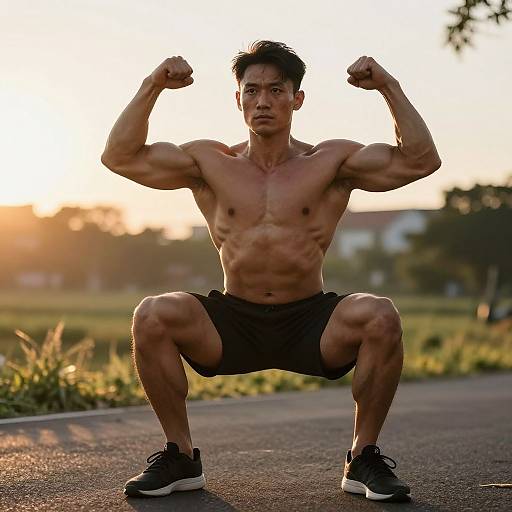 Photograph of a muscular, shirtless Asian man squatting outdoors, flexing his arms, wearing black shorts and sneakers at sunset.