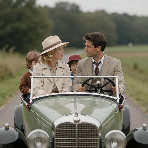 Vintage Car Family Drive on Grassy Road