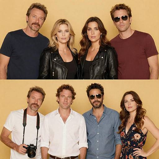 Two Groups of People Posing Against Yellow Background