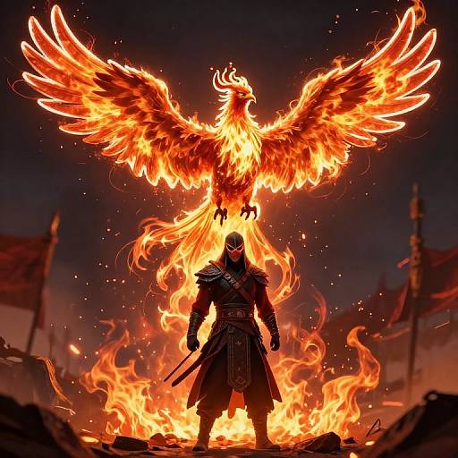 Digital artwork of a armored warrior standing in front of a blazing, fiery phoenix with wings spread wide, surrounded by intense flames. Dark, smoky background