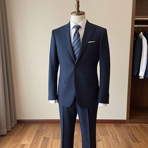 Photograph of a black suit with white shirt and blue striped tie, displayed on a mannequin in a wooden-floored room.