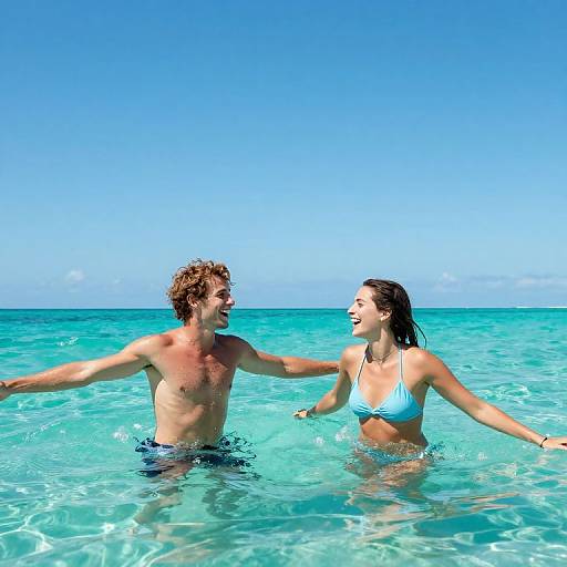 Photograph of a smiling couple in turquoise ocean water, both wearing bikinis, with the man shirtless, arms outstretched, under bright blue