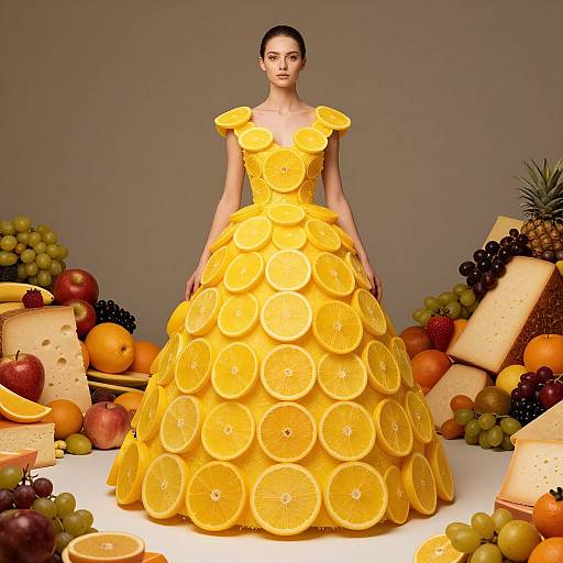 Photograph of a slender woman in a vibrant yellow dress adorned with orange slice patterns, surrounded by various fruits and cheeses.