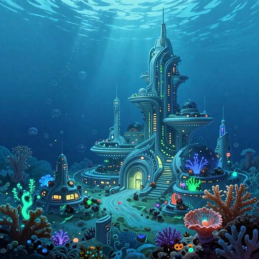Underwater digital art of a futuristic, glowing city with neon lights, surrounded by colorful coral reefs and illuminated sea creatures.