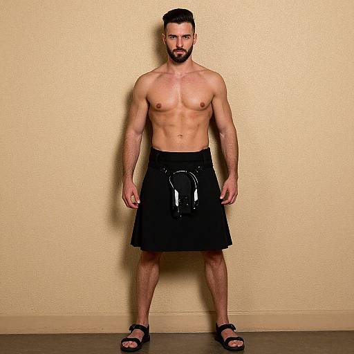 Photograph of a muscular, bearded man with short dark hair, wearing a black, pleated kilt with a ribbon, and black sandals,