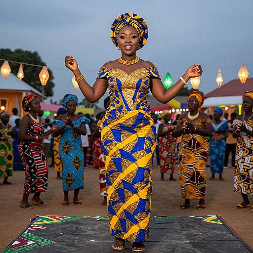 Photograph of a confident African woman in a vibrant yellow and blue patterned dress and headwrap, dancing at an outdoor evening event with colorful lights and