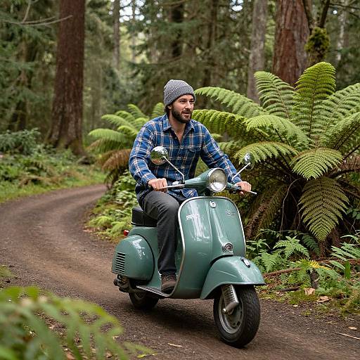 Photograph of a bearded man in a blue checkered shirt and gray beanie riding a green vintage scooter on a forest path, surrounded by lush
