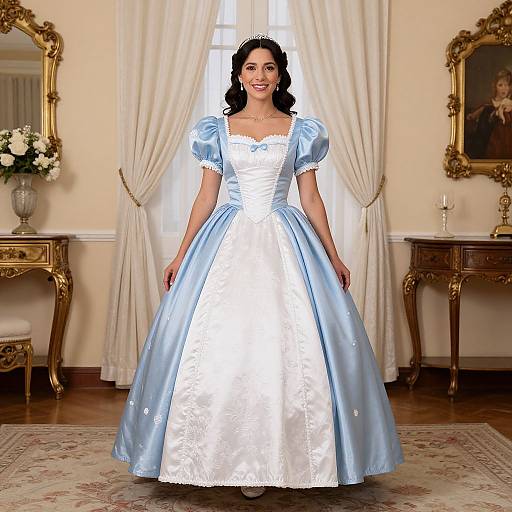 Photograph of a smiling woman in a blue and white satin ball gown with puffed sleeves, standing in an elegant room with gold-framed mirrors and