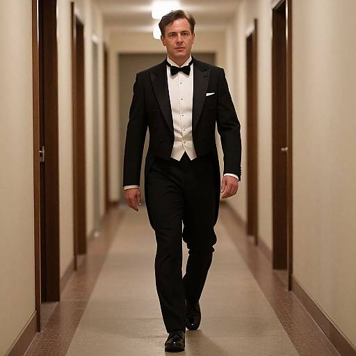 Photograph of a handsome man in a black tuxedo, white shirt, and black bow tie walking down a long, lit hallway.
