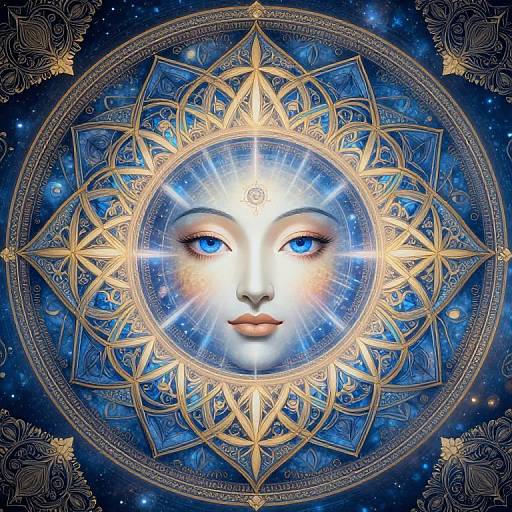 Digital art of a glowing, blue-eyed, ethereal face at the center of a golden, intricate mandala against a starry blue background.