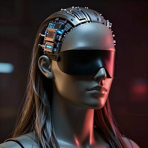 Photorealistic CGI of a silver-faced, long-haired mannequin with cybernetic headgear and black visor, illuminated by red and blue