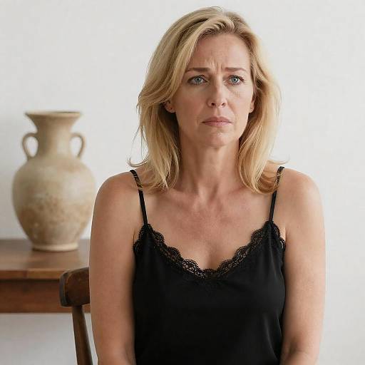 Serious Woman in Black Lace Camisole