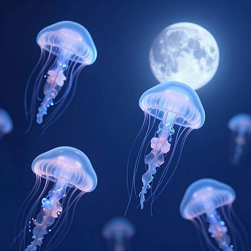 Photograph of glowing blue jellyfish with translucent bell-shaped bodies and long, flowing tentacles, illuminated by a bright full moon in a dark, deep