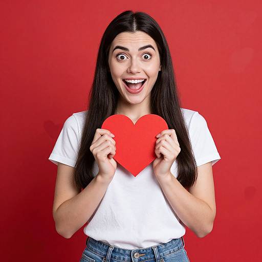 Photograph of a surprised young woman with long black hair, white t-shirt, and blue jeans, holding a red heart against a vibrant red background.