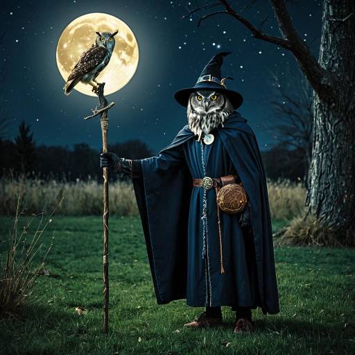 Owl-Headed Wizard Under Full Moon