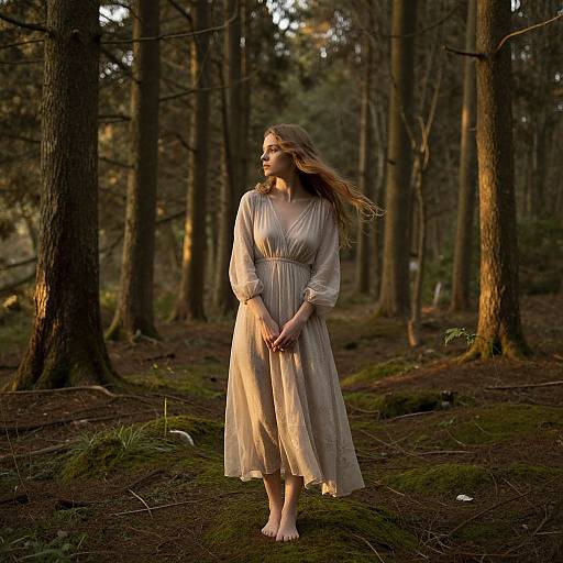 Photograph of a barefoot woman with long blonde hair, wearing a flowing, beige, long-sleeved dress, standing in a sunlit forest