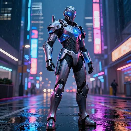 Cybernetic warrior stands in neon-lit, rainy city street, glowing blue accents, metallic armor, futuristic urban setting, vibrant colors, reflections