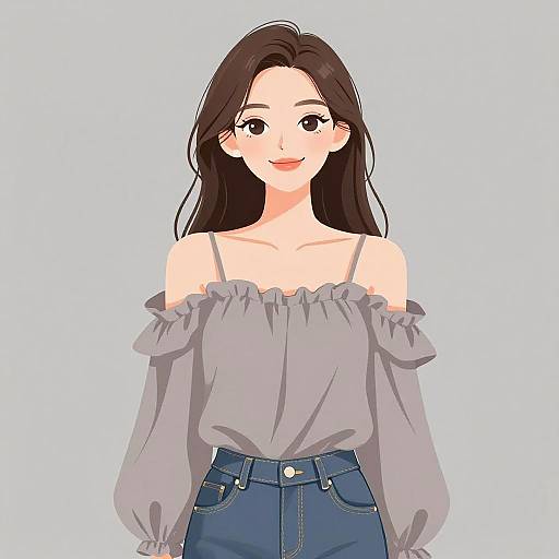 Digital anime-style drawing of a smiling woman with long brown hair, wearing an off-shoulder grey blouse and high-waisted blue jeans.