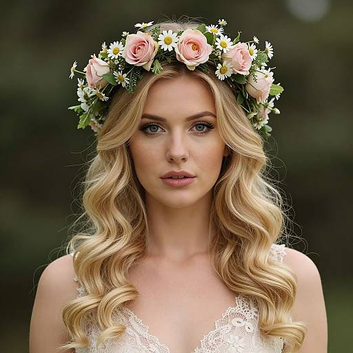 Photograph of a blonde woman with wavy hair, wearing a floral crown of roses and daisies, in a white lace dress, with a