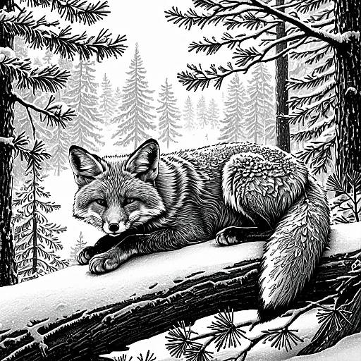 Grayscale Fox on Snowy Pine Branch