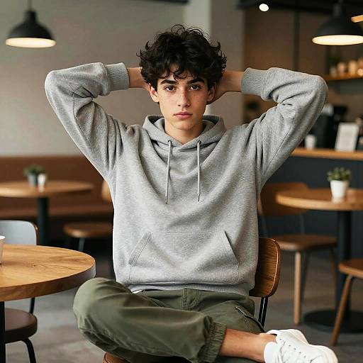 Photograph of a young man with curly black hair, wearing a gray hoodie and green pants, sitting cross-legged in a cozy café with wooden tables and