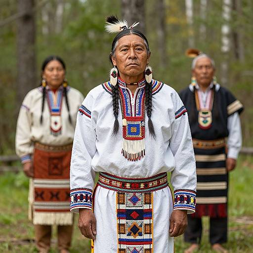 Photograph of three Indigenous elders in traditional white ceremonial dresses with colorful patterns, standing in a forest. Foreground elder with black braids and feather head