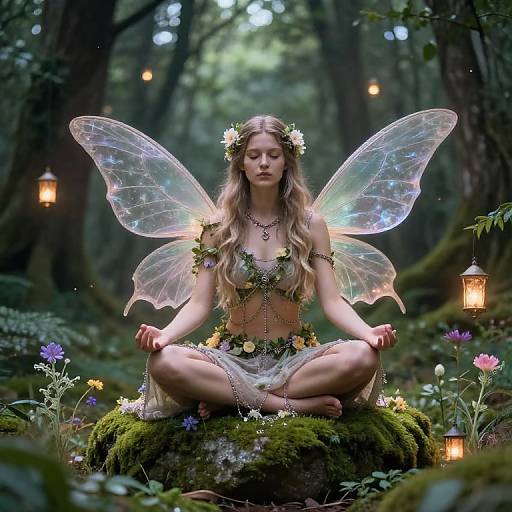 Photograph-style digital art of a serene fairy with iridescent wings, sitting cross-legged on moss, wearing floral crown and garland, in enchanted