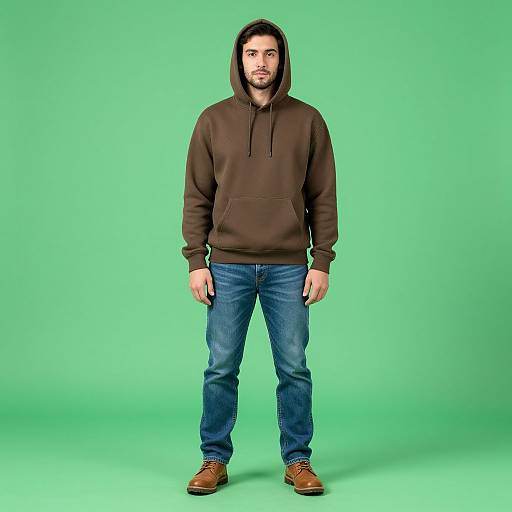Photograph of a bearded man with medium build, wearing a brown hooded sweatshirt, blue jeans, and brown shoes, standing against a solid